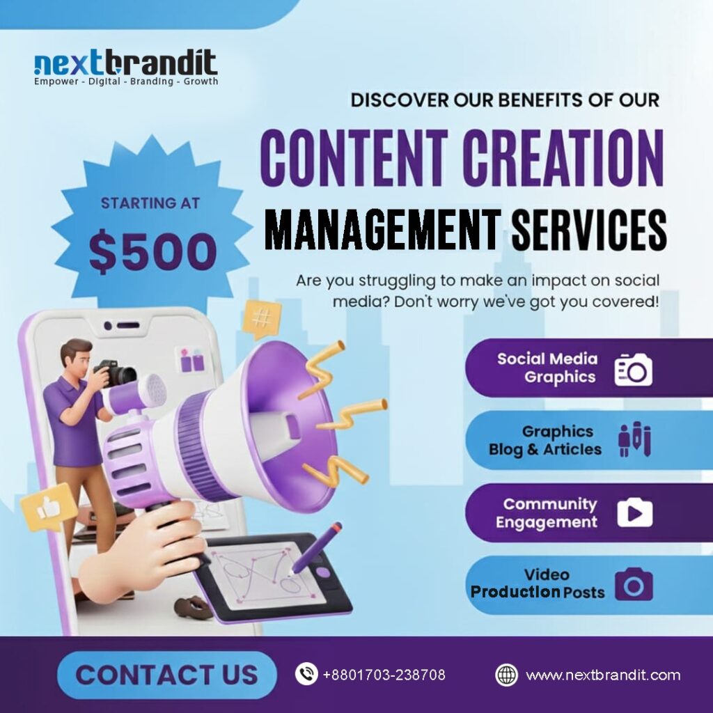 Content creation management services for social media, graphics and video marketing